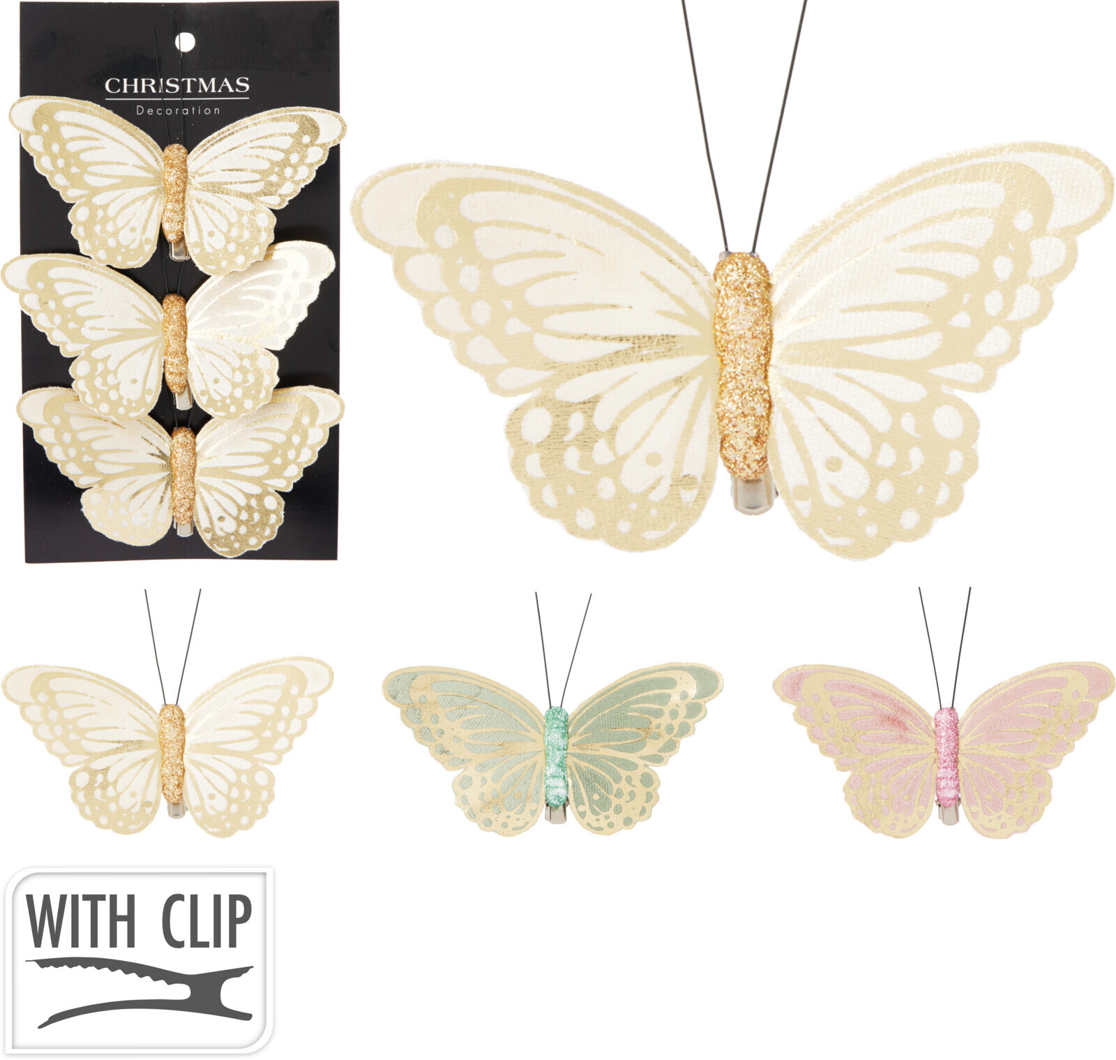 Įsegama kalėdinė dekoracija BUTTERFLY PASTEL, 3 spalvos, 10 cm, 3 vnt-0