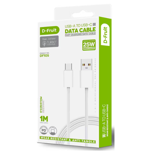 USB kabelis DF105, USB-A - USB-C 1 m, baltos sp.-0