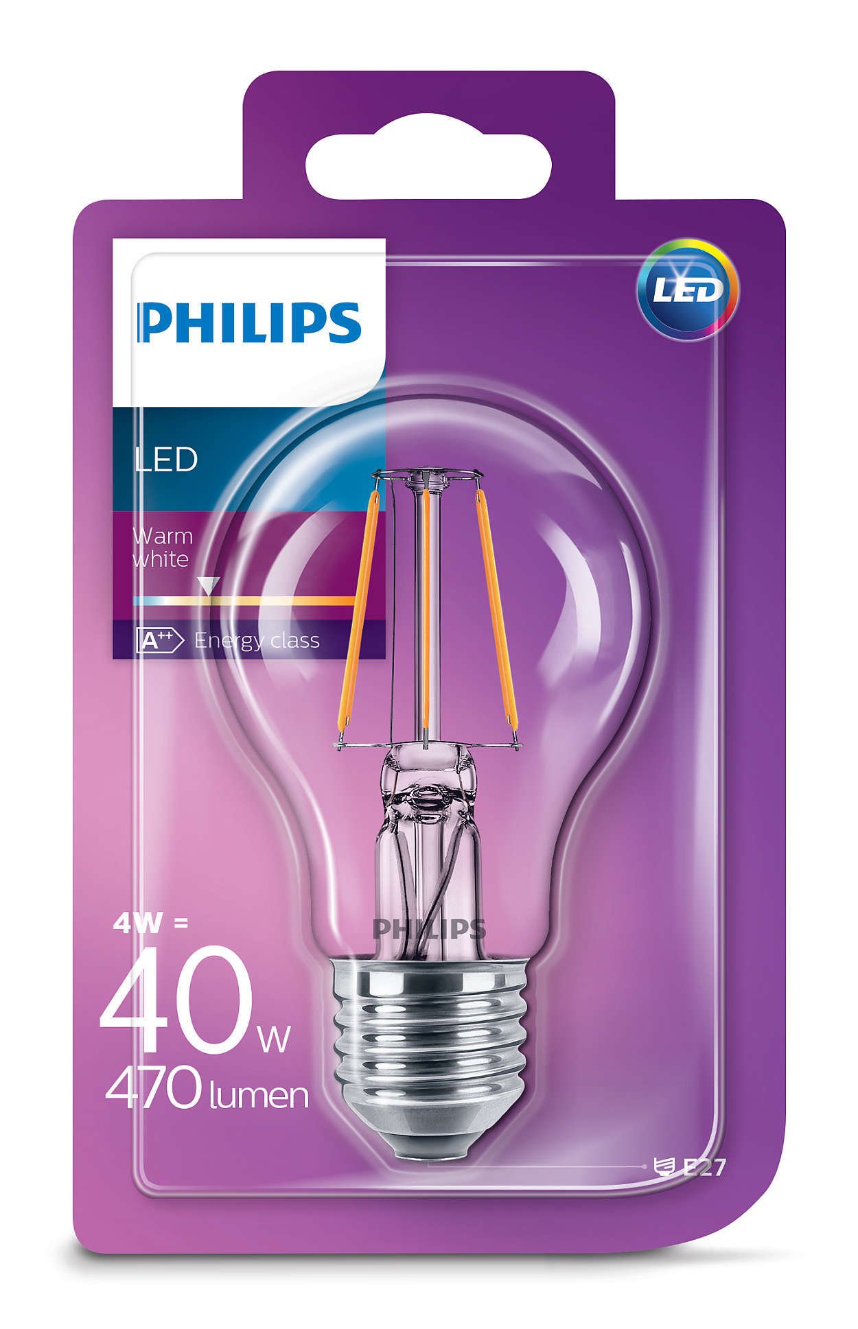 Dekoratyvinė šviesos diodų lemputė PHILIPS, A60, 4 W, E27, 470 lm, 2700K, atitinka 40 W - 1