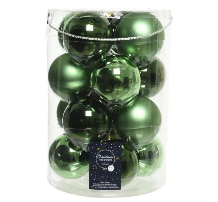 Kalėdinių eglės žaisliukų rinkinys GLASS, žalios sp., 2 rūšių, 8 cm, 16 vnt.