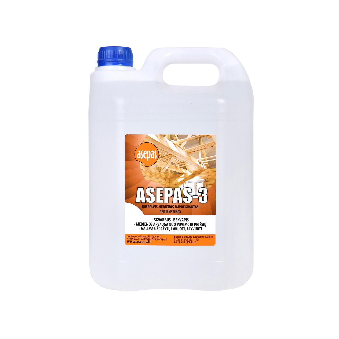 Bespalvis medienos antiseptkas apdailinei medienai „Asepas-3“ 1:3, 5L-0