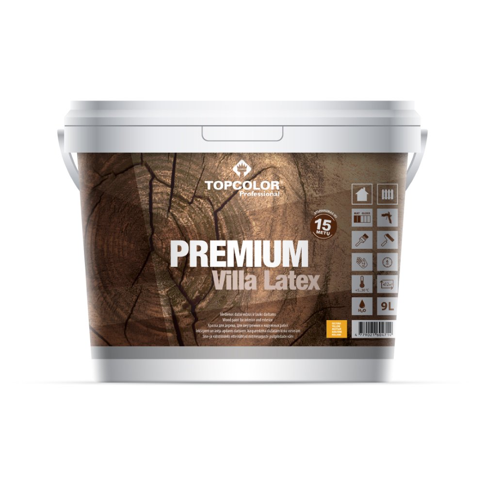Medinių fasadų dažai TOPCOLOR PREMIUM VILLA LATEX, pusiau matiniai, geltonos sp., 9 l-0