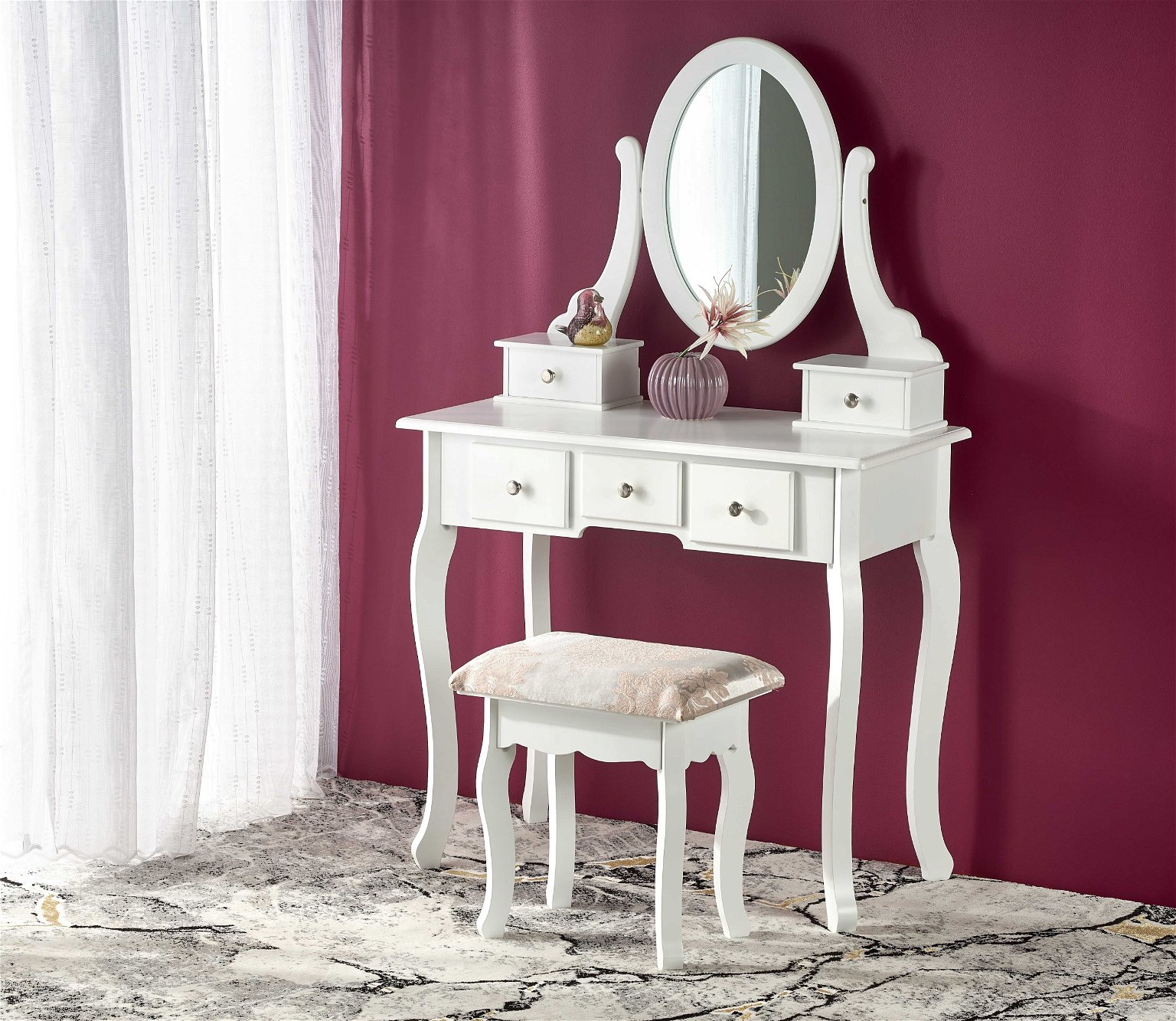 Kosmetinis staliukas SARA su veidrodžiu, baltas