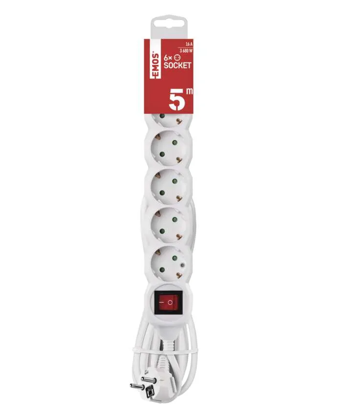 Ilgiklis EMOS, 6 lizdai, 5 m, jungtukas, baltos sp.-0