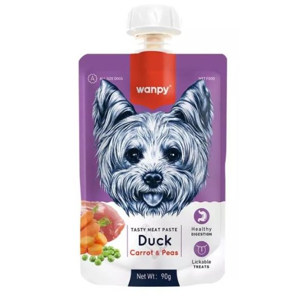 Skanėstas šunims WANPY mėsos pasta, su antiena, morkomis ir žirneliais, 90 g-0