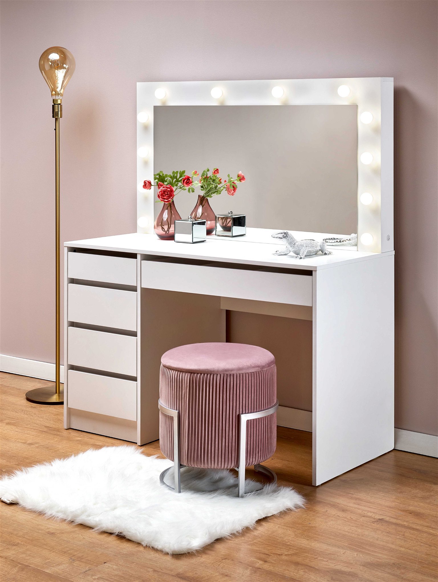Kosmetinis staliukas HOLLYWOOD XL su veidrodžiu, baltas