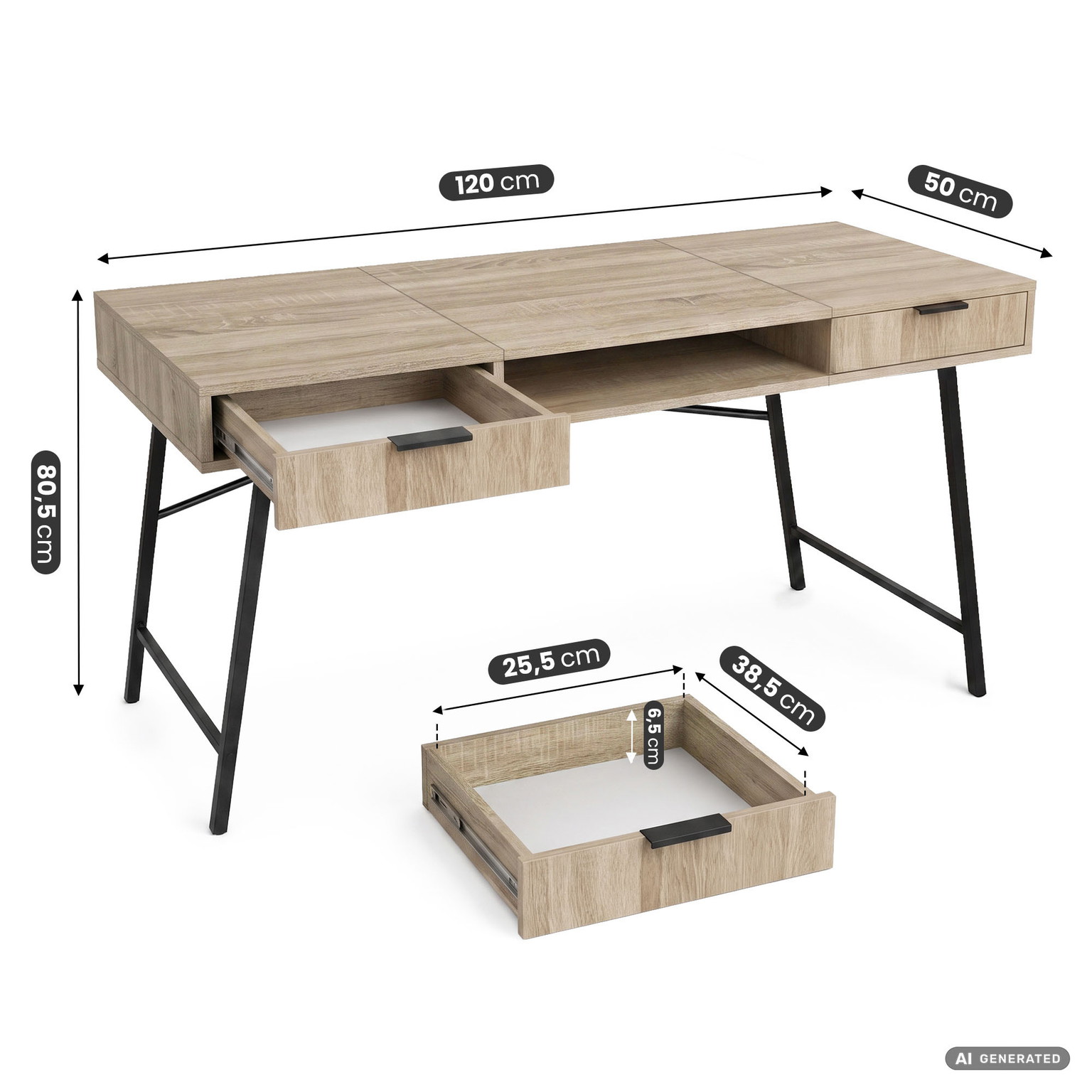 Rašomasis stalas su stalčiais Akord Furniture Factory Arden, 120 cm x 50 cm, 80.5 cm, juoda sp./sonoma ąžuolo sp. - 3