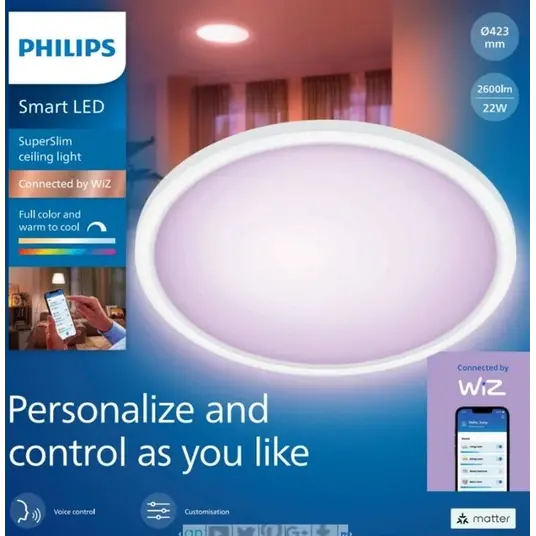 Išmanusis LED šviestuvas PHILIPS SUPERSLIM 22W 2200-6500K 2600lm RGB baltos sp Ø42,3x3,2cm-0