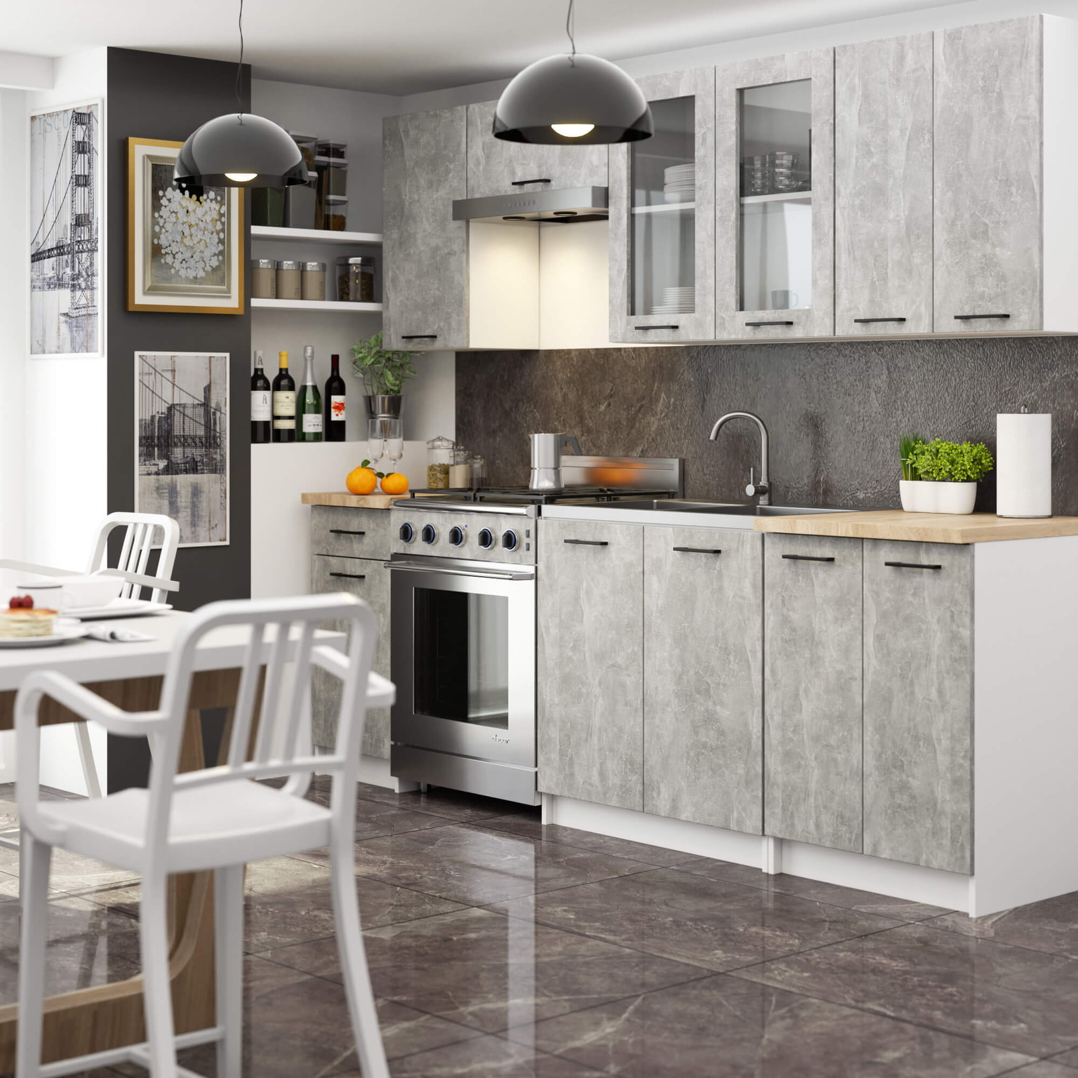 Virtuvės baldų komplektas OLIVIA H720 ,240 cm, balta/betono-1