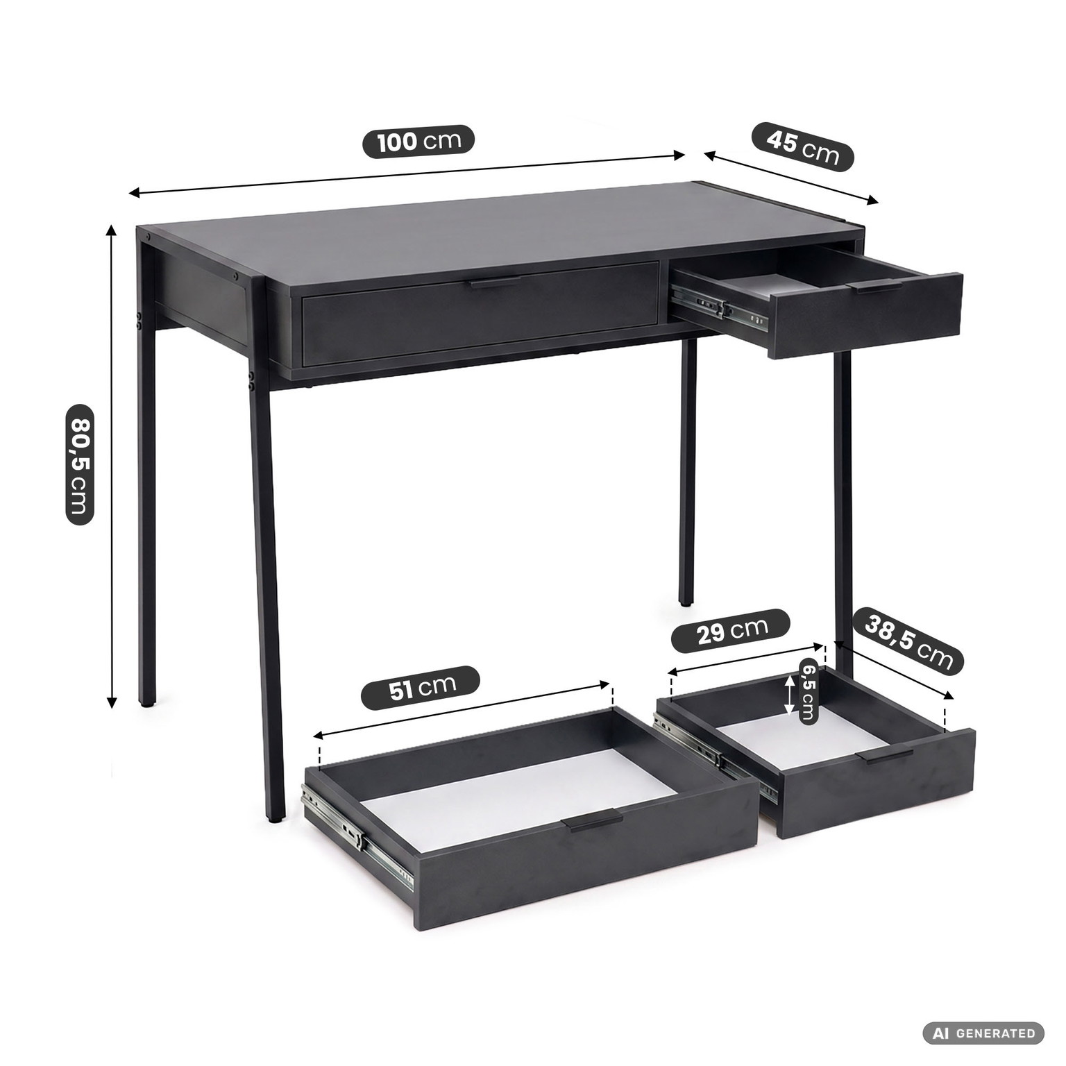 Rašomasis stalas su stalčiais Akord Furniture Factory Zentia, 100 cm x 45 cm, 80.5 cm, juoda sp. - 3