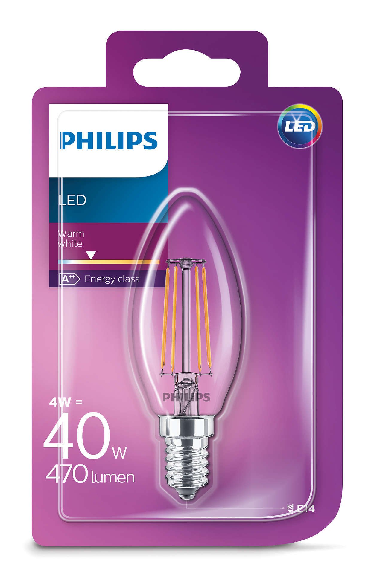 Dekoratyvinė šviesos diodų lemputė PHILIPS, B35, 4 W, E14, 470 lm, 2700K, atitinka 40 W - 2