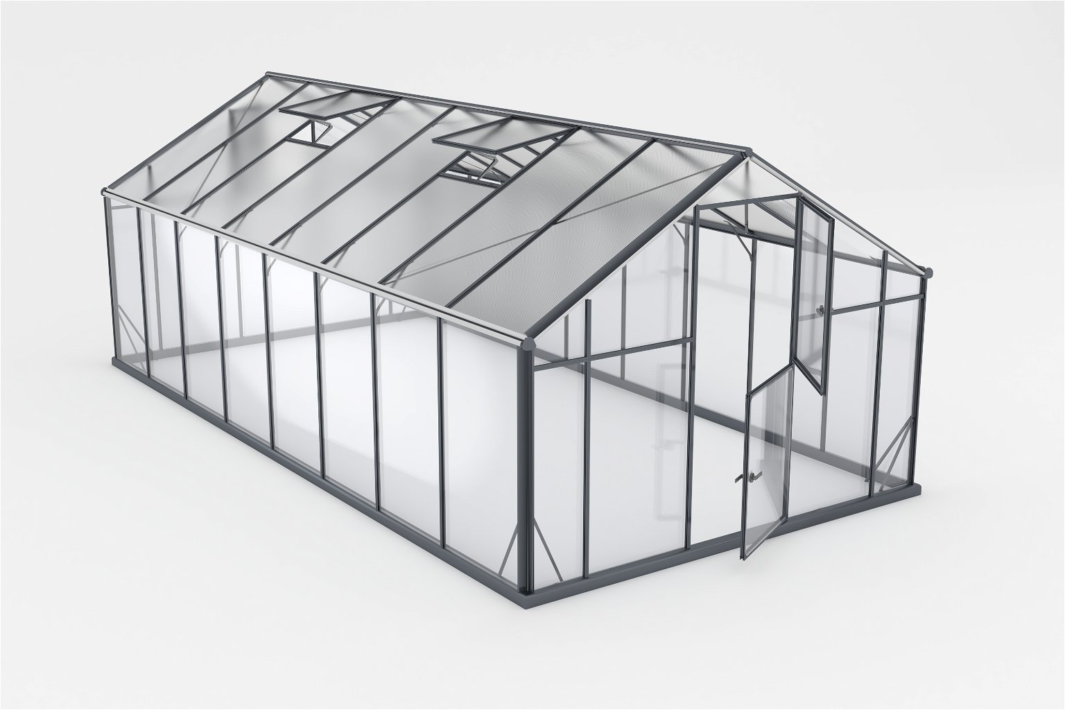 Šiltnamis SANUS HYBRID XL-16 (2,90x5,70m) RAL7016, 4mm grūdinto stiklo sienos, 6mm polikarbonato stogas
