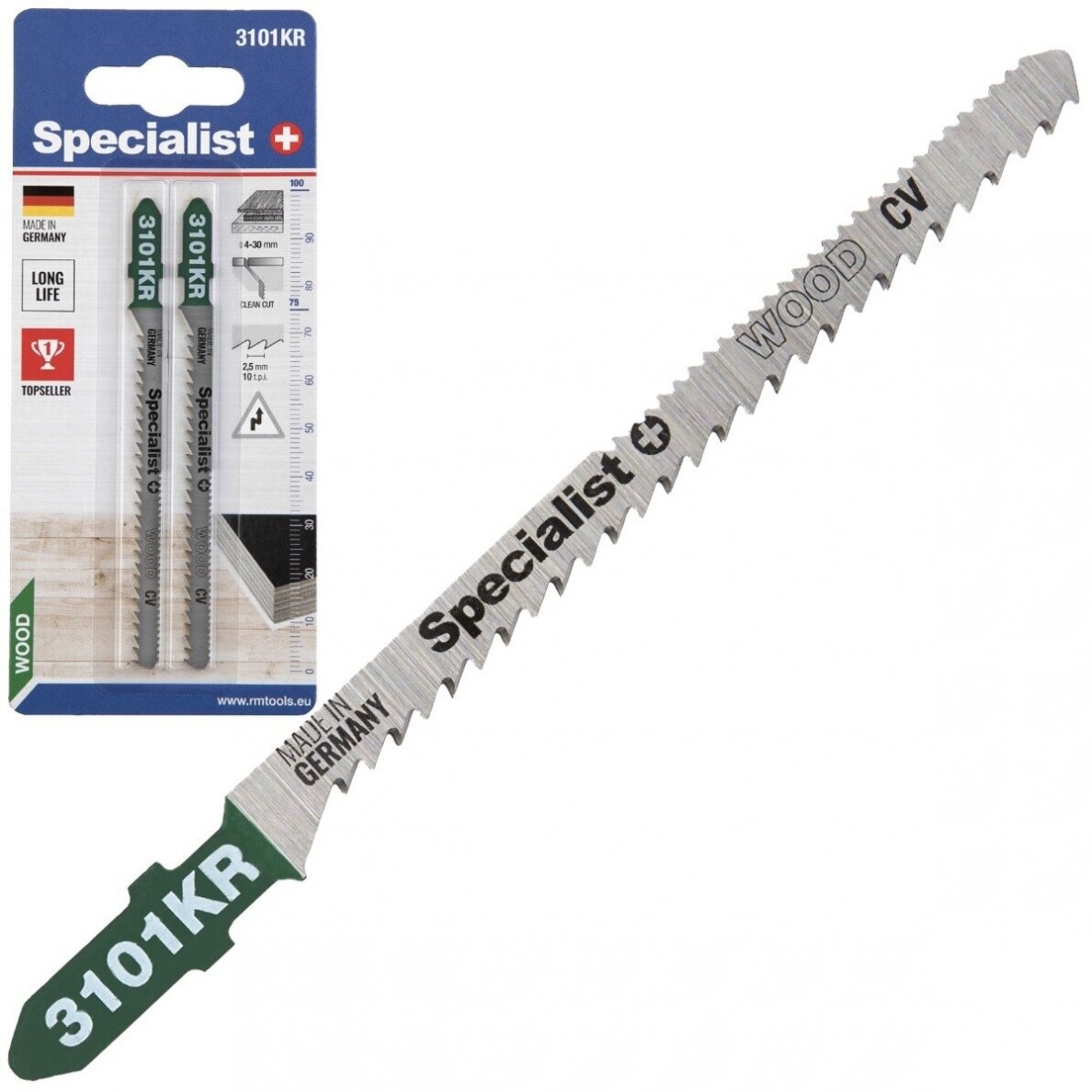 Siaurapjūklio pjūkleliai SPECIALIST+, 75/100 mm, 3101KR, 10 TPI, medienai 4-30 mm, dvipusis, 2 vnt.-0