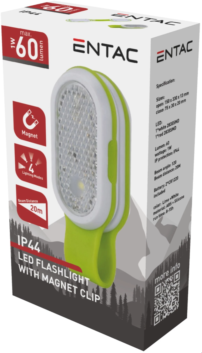 LED žibintuvėlis ENTAC, IP44, 1W, 60lm, elementai 2xCR1220(neįeina), su magnetu, 4 režimai-0