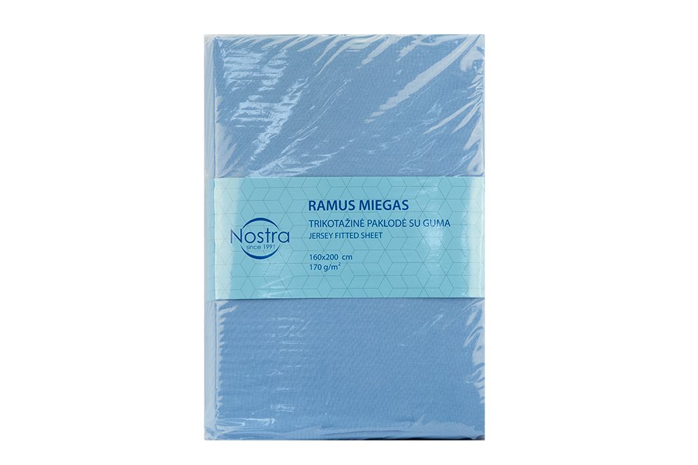 Trikotažinė paklodė su guma, šviesiai mėlynos sp., 160 x 200 + 25 cm, 100 % medvilnė - 1