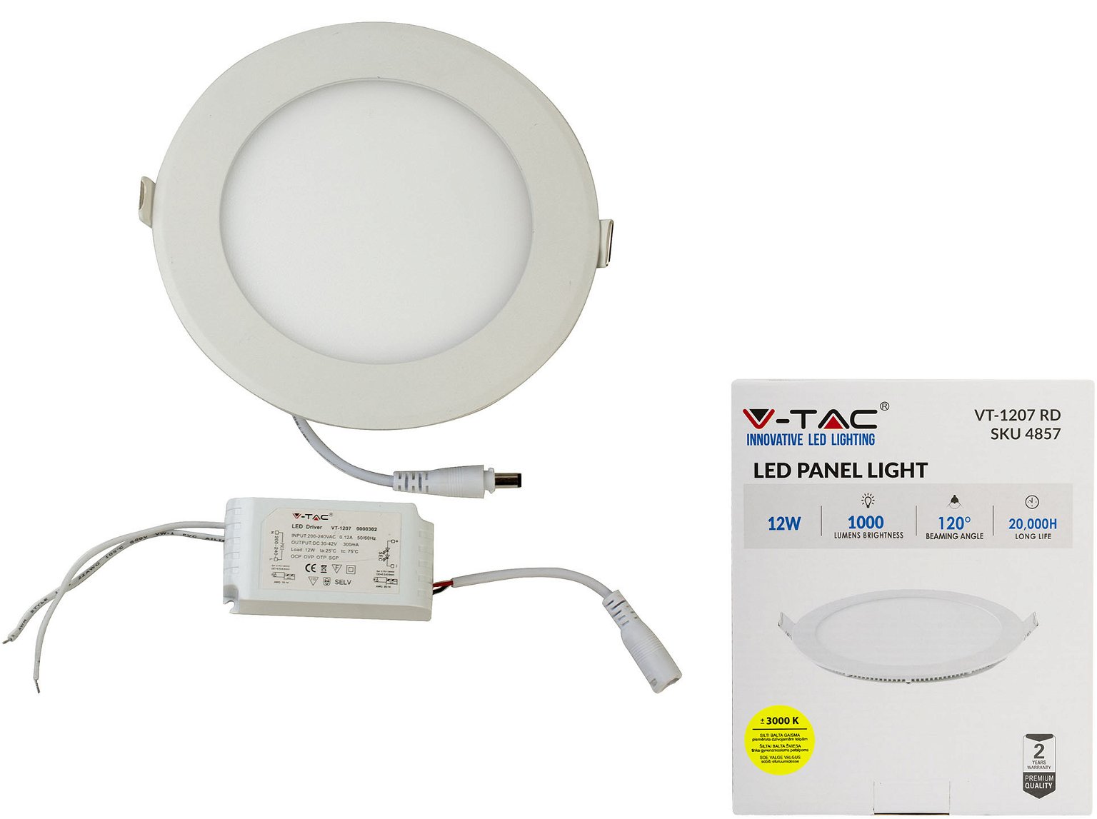 Įleidžiama LED panelė V-TAC BASIC PREMIUM, 12 W, 1000 lm, 3000 K, apvali f., Ø17 cm - 2