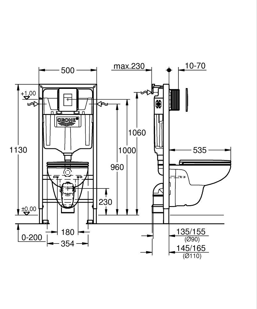 Unitazo kompl. GROHE Solido 5in1:pot. rėmas, unitaz. BAU Ceramic, l.nusileidž.dang., mygt.-1