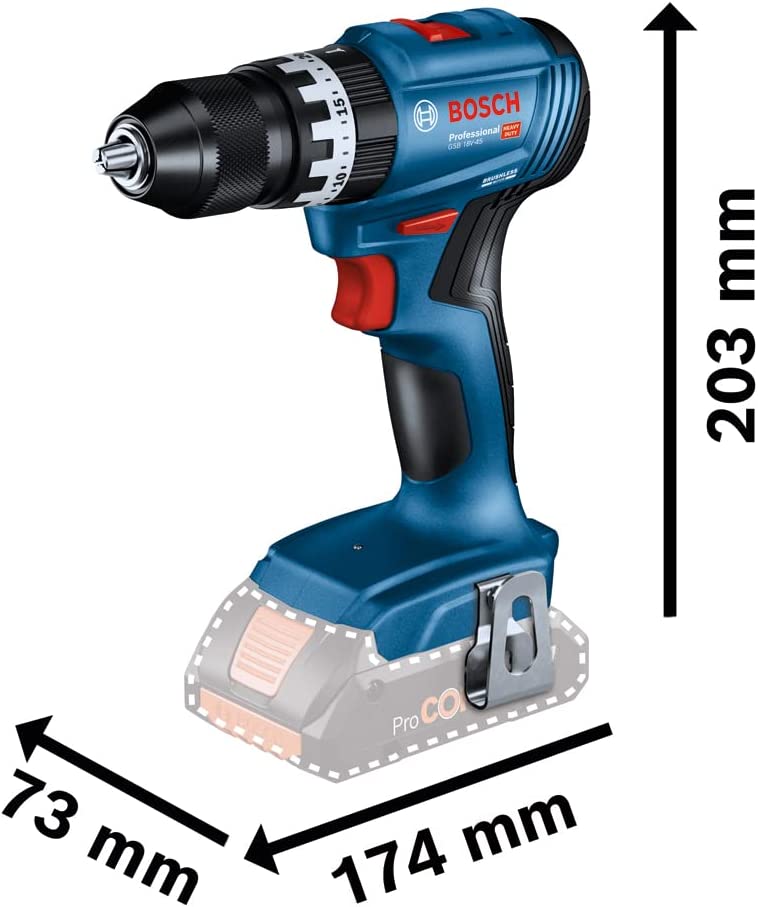 Akumuliatorinis smūginis suktuvas-gręžtuvas BOSCH PRO GSB 18V-45, (2x2.0Ah, L-case) - 4
