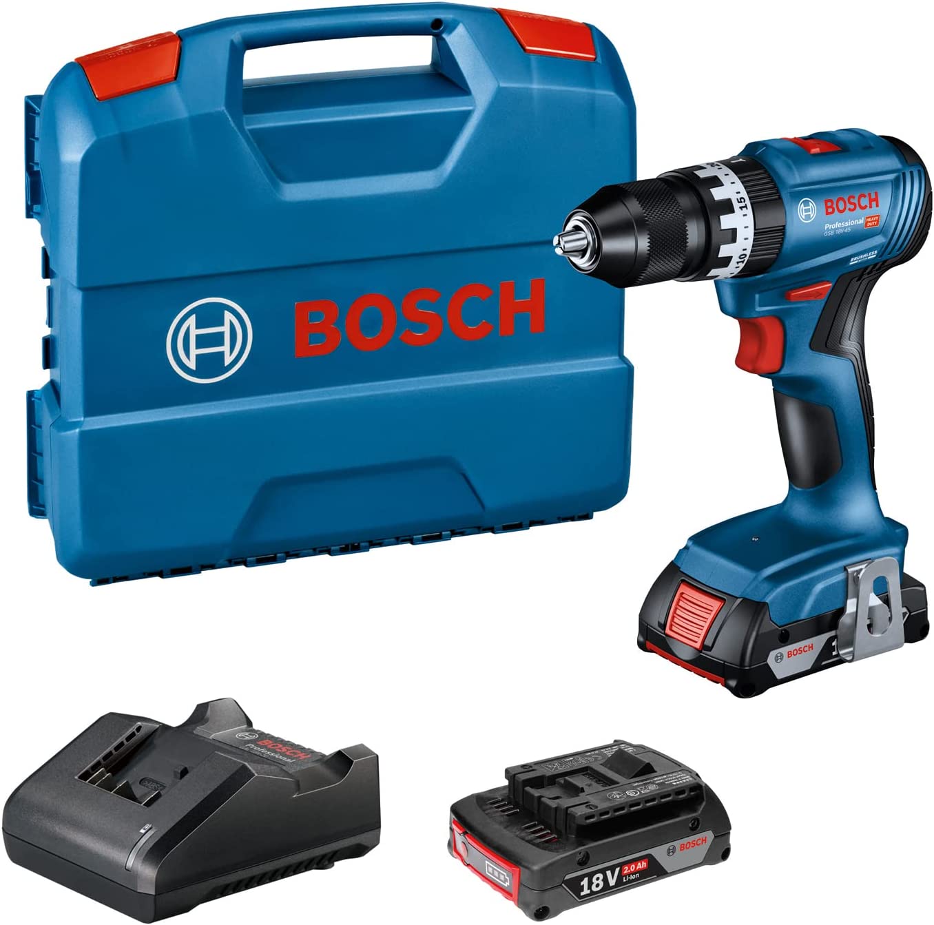Akumuliatorinis smūginis suktuvas-gręžtuvas BOSCH PRO GSB 18V-45, (2x2.0Ah, L-case)-0