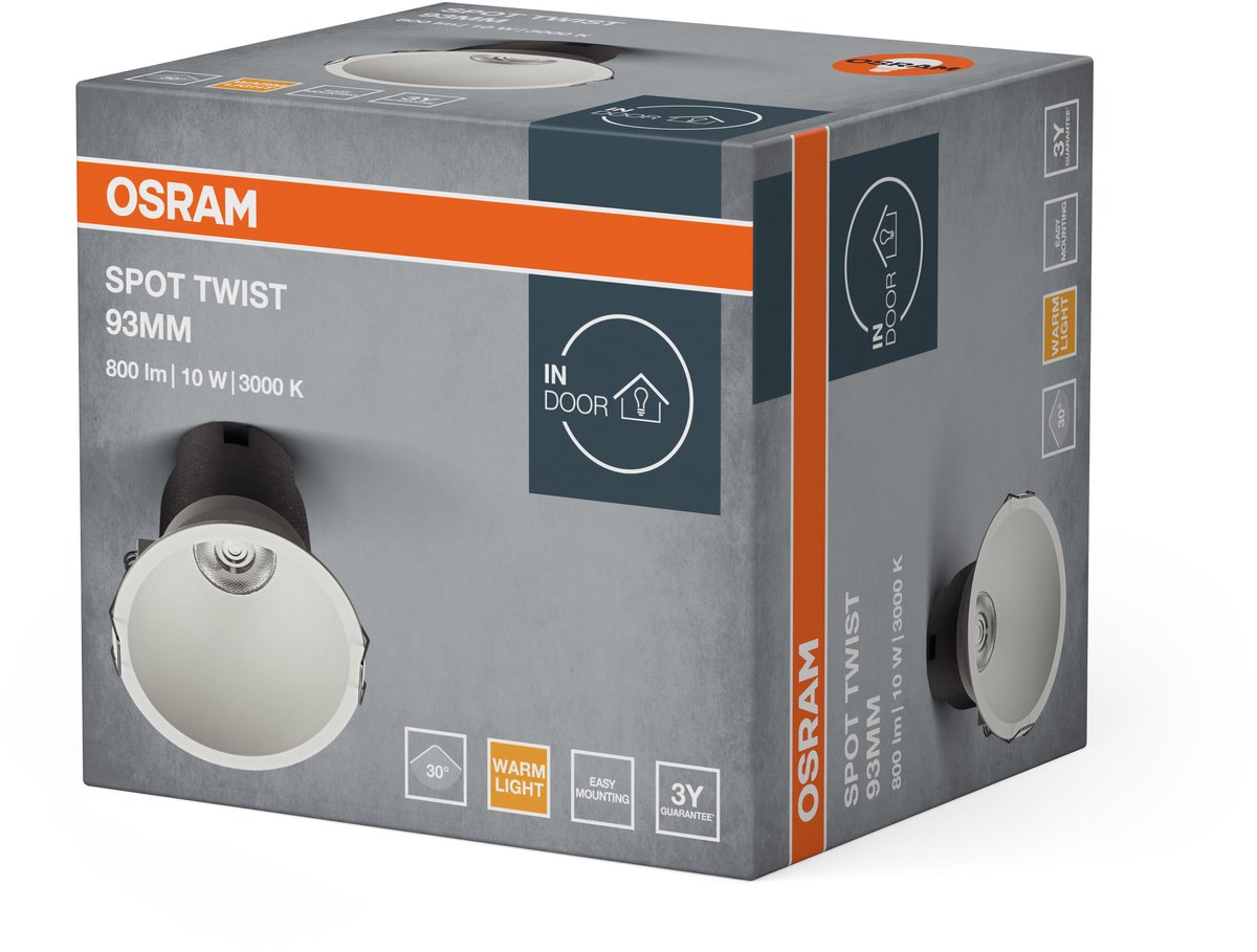 Įleidžiamas LED šviestuvas OSRAM SPOT TWIST, IP20 10W 3000K 800lm, baltos sp., ø9,3cm - 4