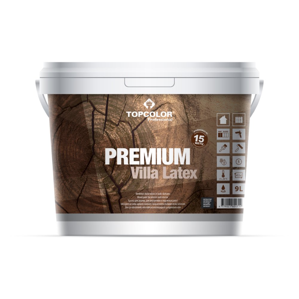 Medinių fasadų dažai TOPCOLOR PREMIUM VILLA LATEX, pusiau matiniai, antracito sp., 9 l-0
