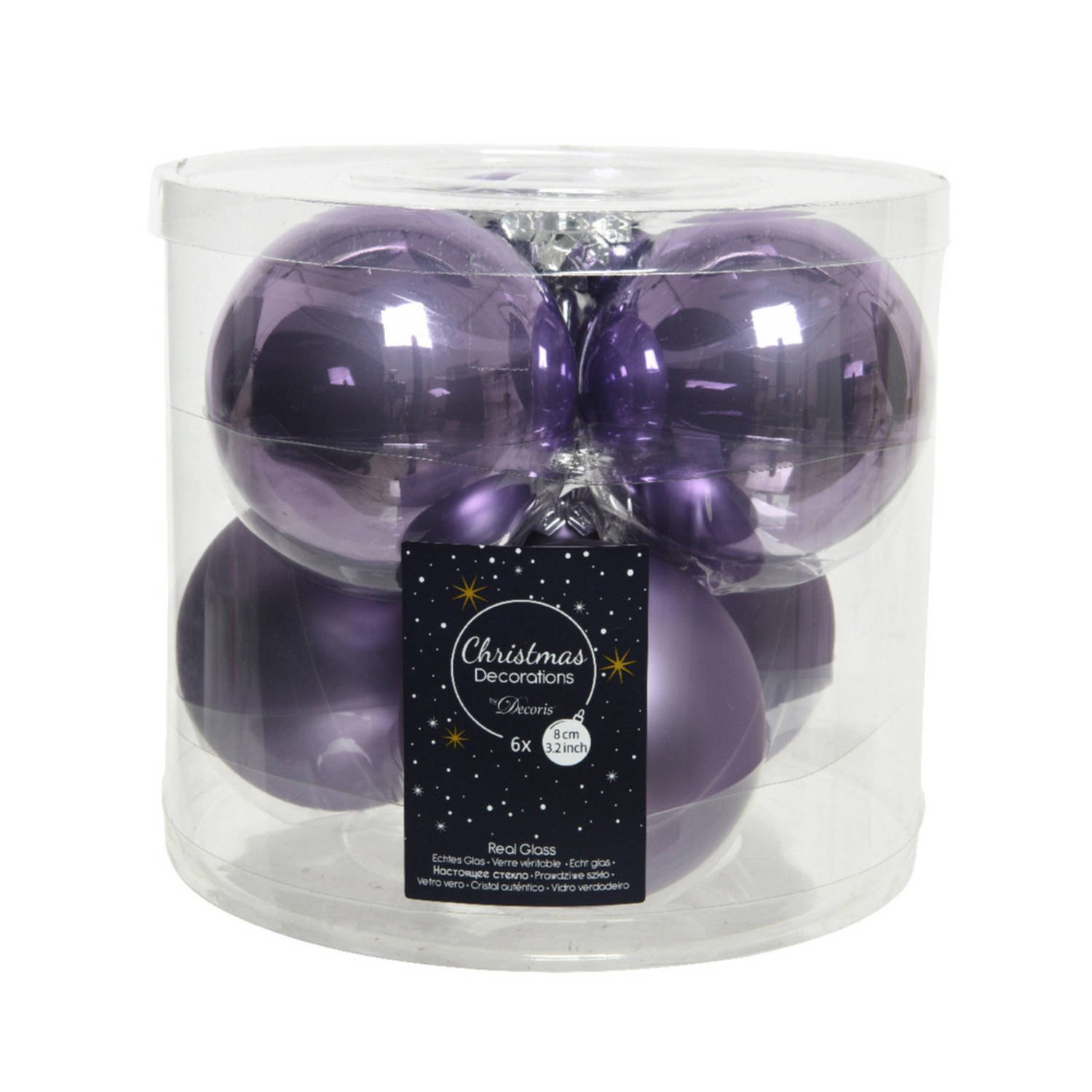 Kalėdinių eglės žaisliukų rinkinys GLASS, violetinės sp., 2 rušių, 8 cm, 6 vnt.