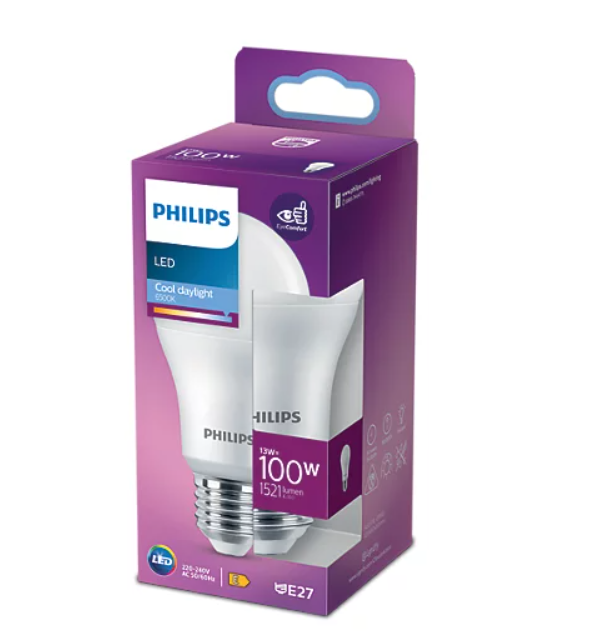 LED lemputė PHILIPS, E27, A60, 13W (=100W), 6500 K, 1521 lm, NON-DIM-1