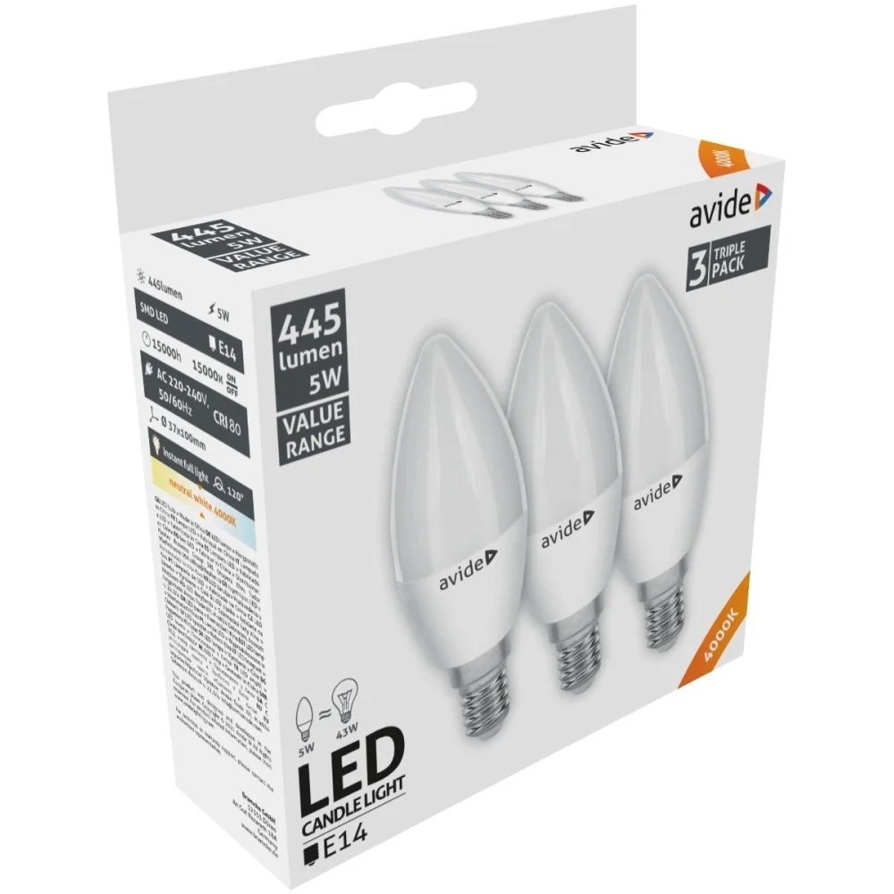 LED lemputės AVIDE, E14, 5W (=43W), 4000K, 220-240V, 445 lm, 3 vnt - 1