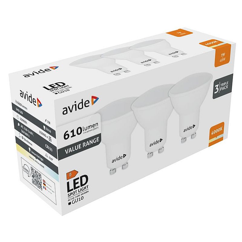 LED lemputė AVIDE, GU10, 7W (=47W), 4000K, 220-240V, 610 lm, 110° 3VNT ...