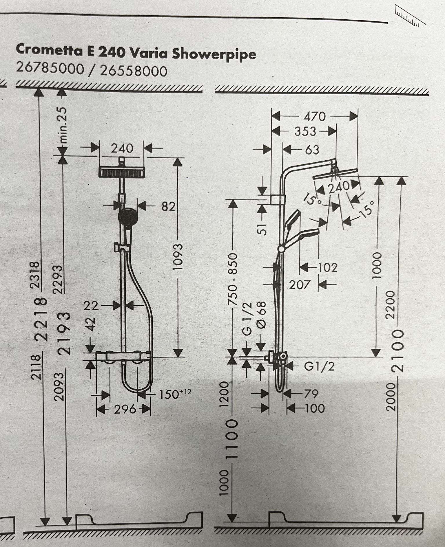 Dušo sistema HANSGROHE CROMETTA E 240 1JET SHOWERPIPE, chromo sp. + DOVANA - 4
