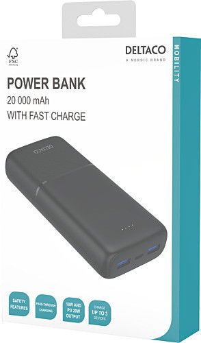 Išorinė baterija DELTACO, 20 000 mAh, 2 x USB-A 18 W, 1 x USB-C PD, 20 W / PB-C1008 - 4