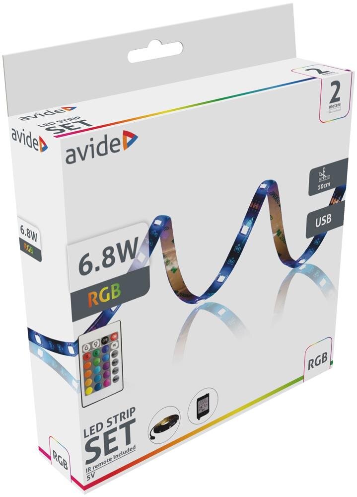 LED juostos komplektas AVIDE, IP65, 6,8W, RGB, 5V, SMD5050, 30LED, USB, su pultu 24 kl, 2m-0