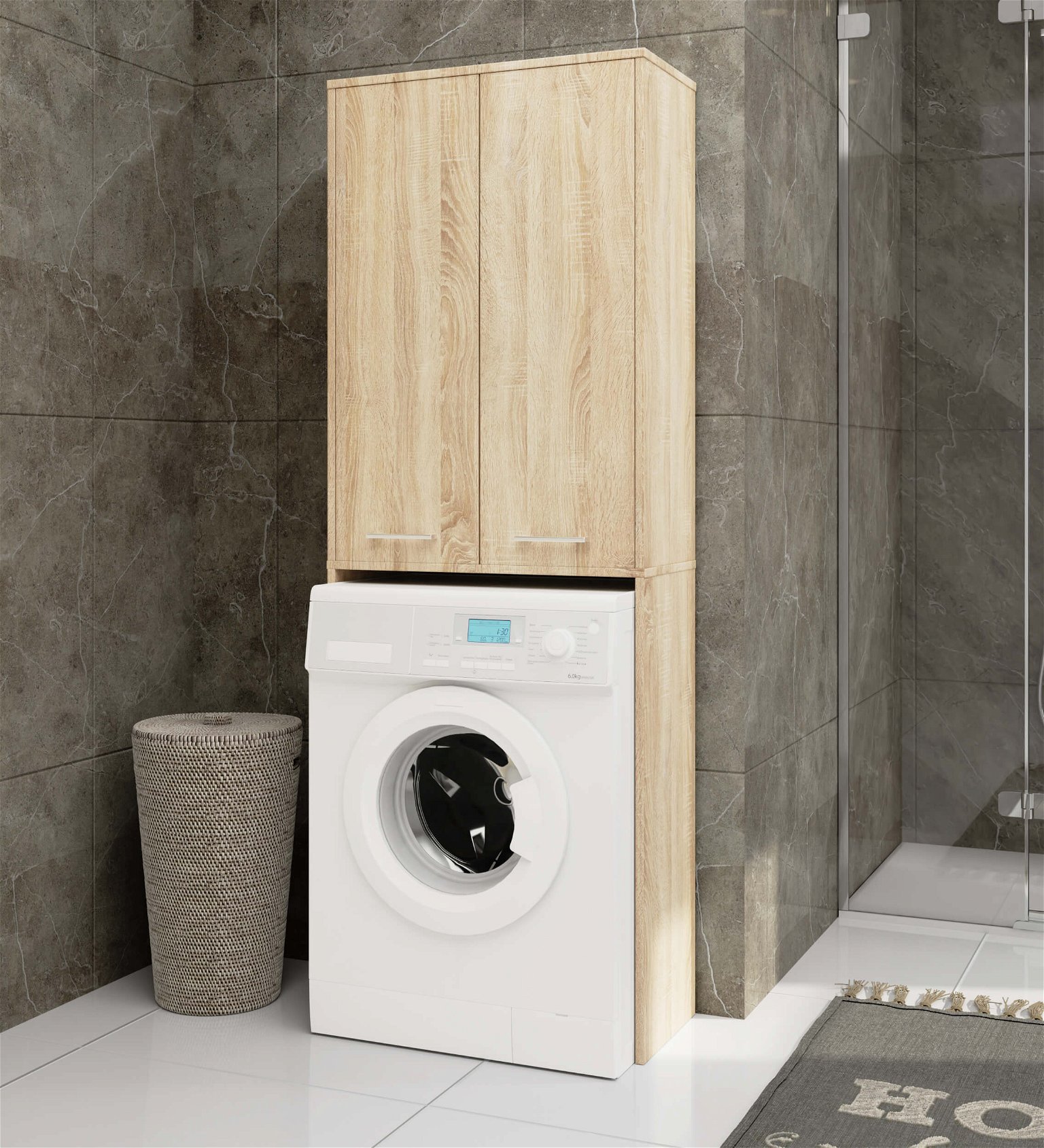 Pastatoma vonios spintelė virš skalbimo mašinos FIN 2D, 60 cm, ąžuolo sonomo - 5