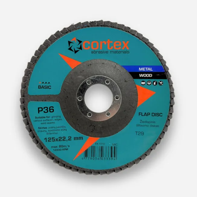 Žiedlapinis šlifavimo diskas CORTEX Basic, 125 x 22 mm, P36, aliuminio oksidas, medienai, metalui-0