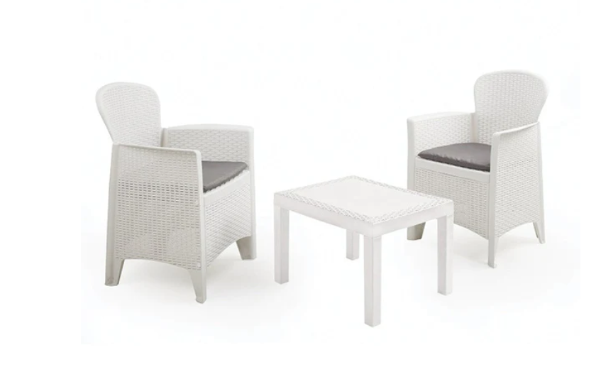 Lauko baldų komplektas AKITA, 2 kėdės su pagalvėmis, 1 stalas, baltos sp.