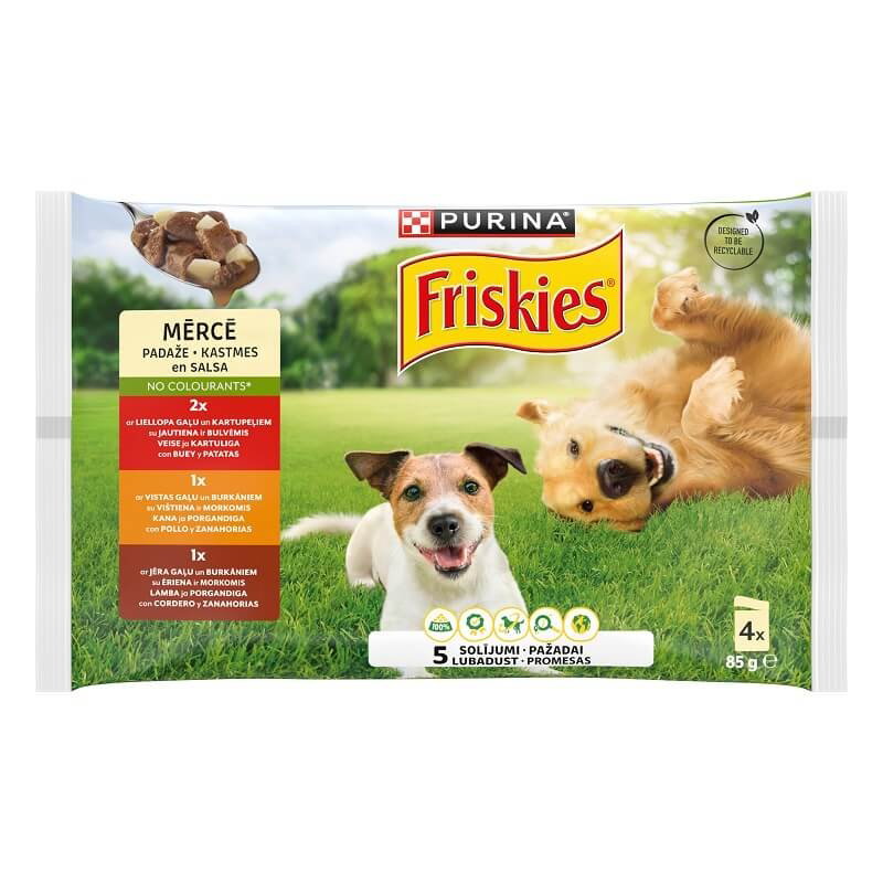 Konservuotas šunų ėdalas FRISKIES, su vištiena, jautiena ir ėriena, 4 x 85 g-0