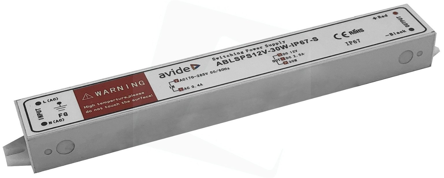 Maitinimo šaltinis LED juostoms AVIDE SLIM, IP67, 12V, 30W, aliuminis, 22 x 3 x 2 cm