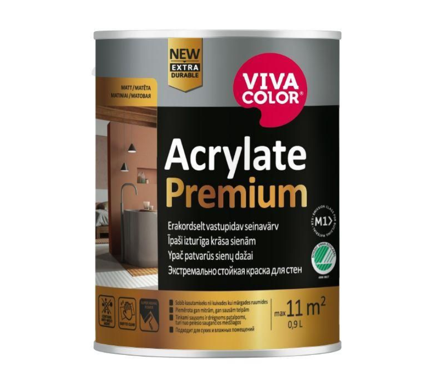 Sienų ir lubų dažai VIVACOLOR ACRYLATE PREMIUM, atsparūs drėgmei, matiniai, A bazė, 0,9 l-0
