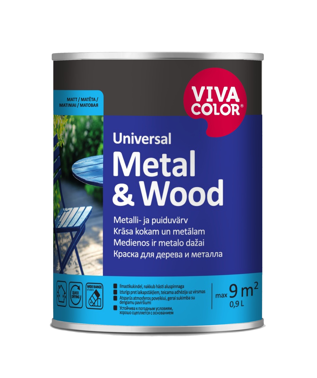Metalo ir medienos dažai VIVACOLOR UNIVERSAL METAL & WOOD, matiniai, A bazė, 0,9 l-0