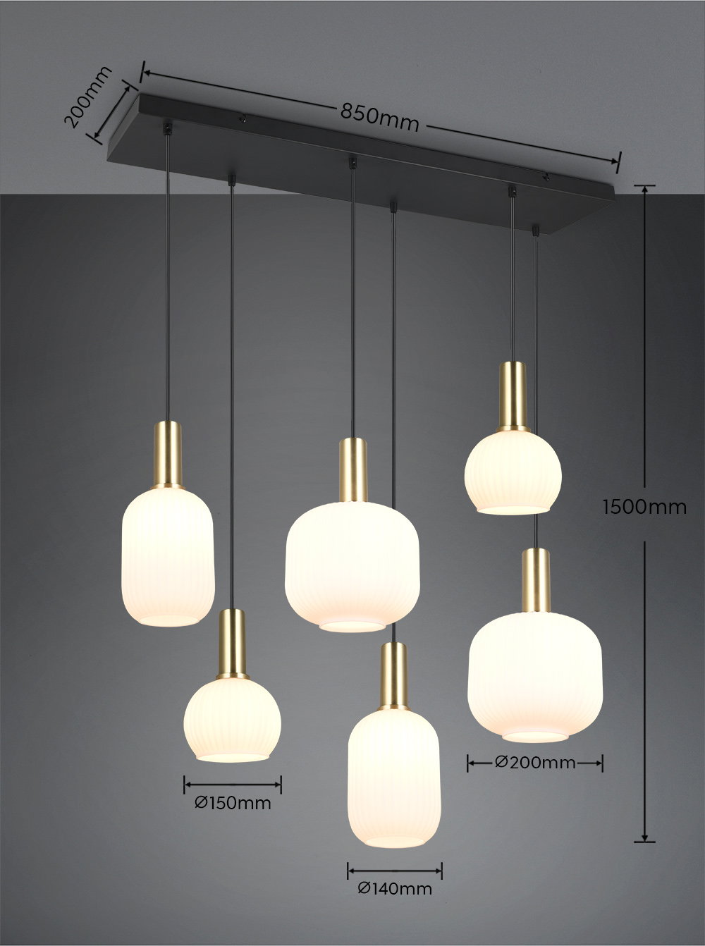 Pakabinamas šviestuvas TRIO DIVA, 6xE27, max 6x10W žalvario/baltos sp 85x20x150cm - 5