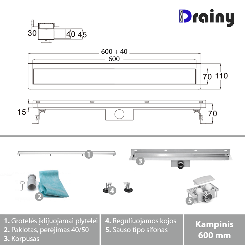 Kampinis dušo latakas DRAINY, 600 mm, nerūd. pl. - 3
