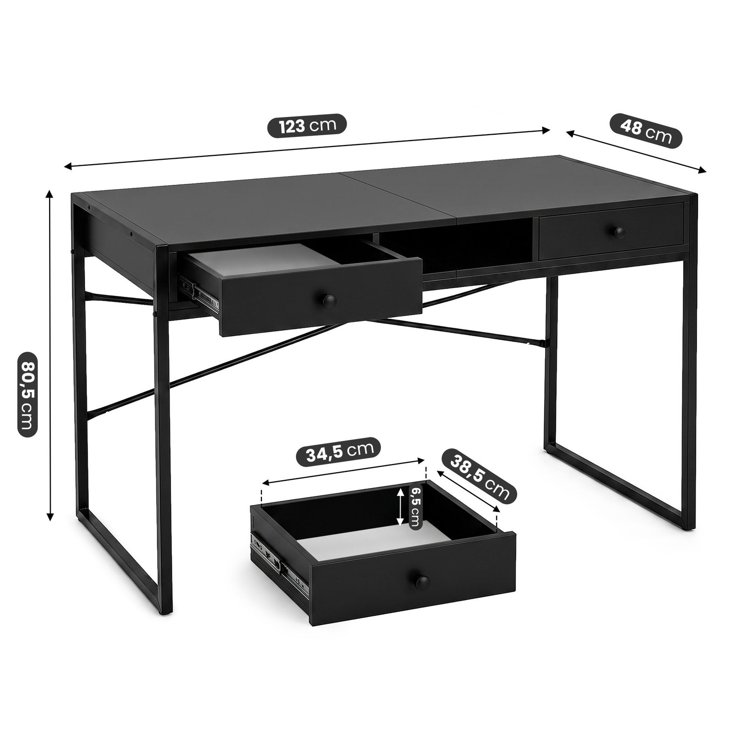Rašomasis stalas su stalčiais Akord Furniture Factory Elonis, 123 cm x 48 cm, 80.5 cm, juoda sp. - 3