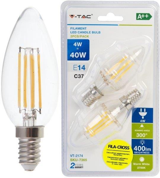 Šviesos diodų lemputė V-TAC 2174, B35, E14, 4 W, 400 lm, 2700 K, filamentinė, 2 vnt.