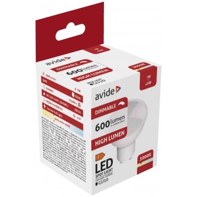 LED lemputė AVIDE, GU10, 7W (=48W), 3000K, 220-240V, 600 lm, dimeriuojama, 110°