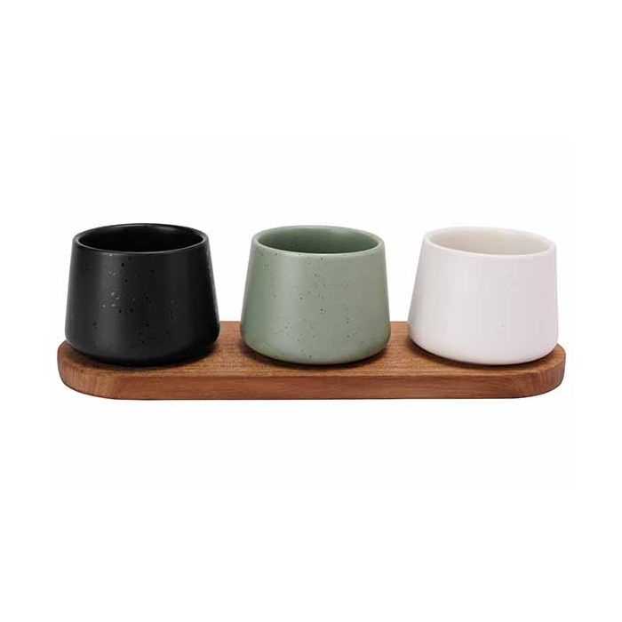 Keramikiniai indeliai užkandžiams su mediniu padėklu ROUND FOREST, 9 x 7 cm, 3 vnt-0