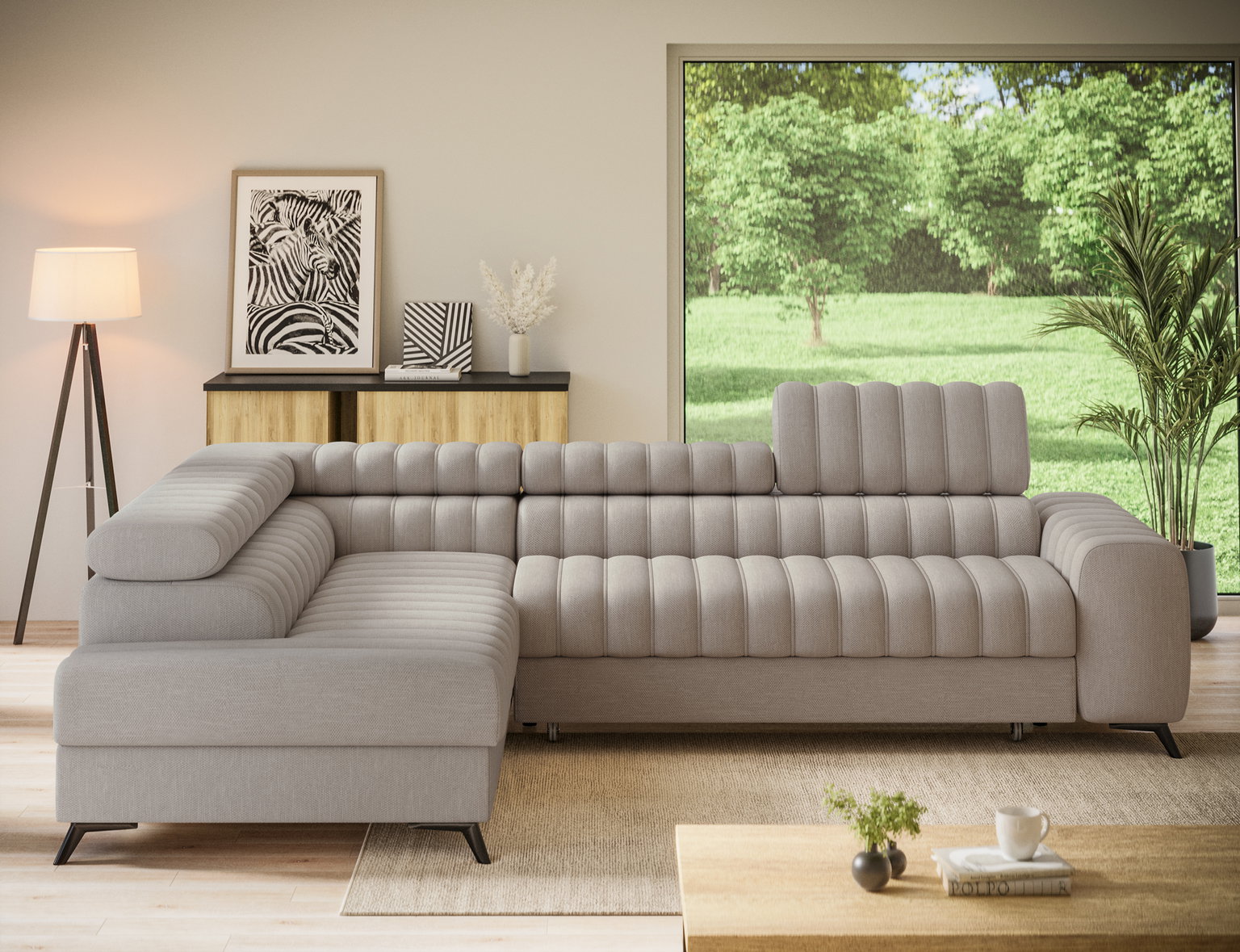 Kampinė sofa Kanedo, tamsaus smėlio spalva, kairinė, 204 x 269 cm x 86 cm-1