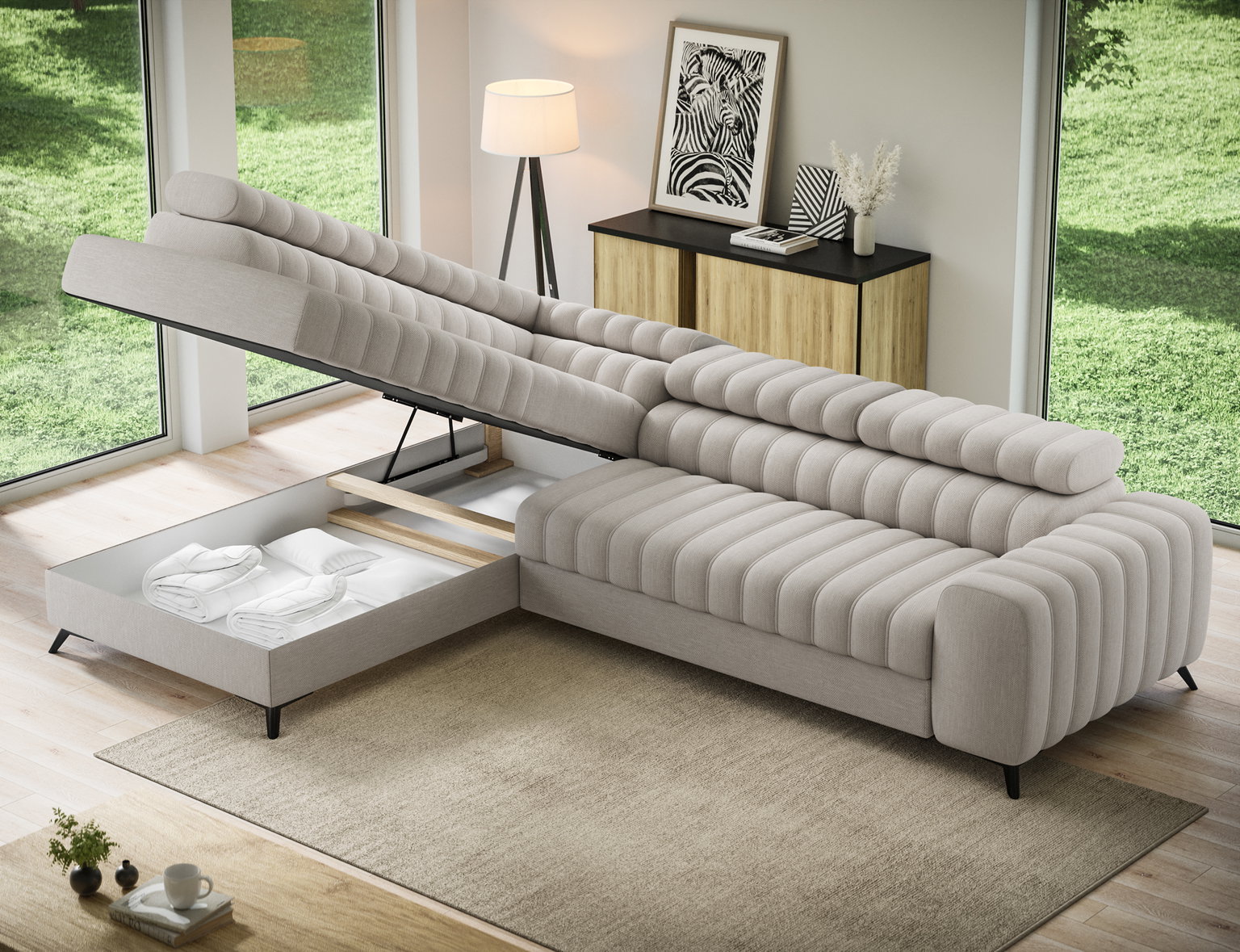 Kampinė sofa Kanedo, tamsaus smėlio spalva, kairinė, 204 x 269 cm x 86 cm - 7