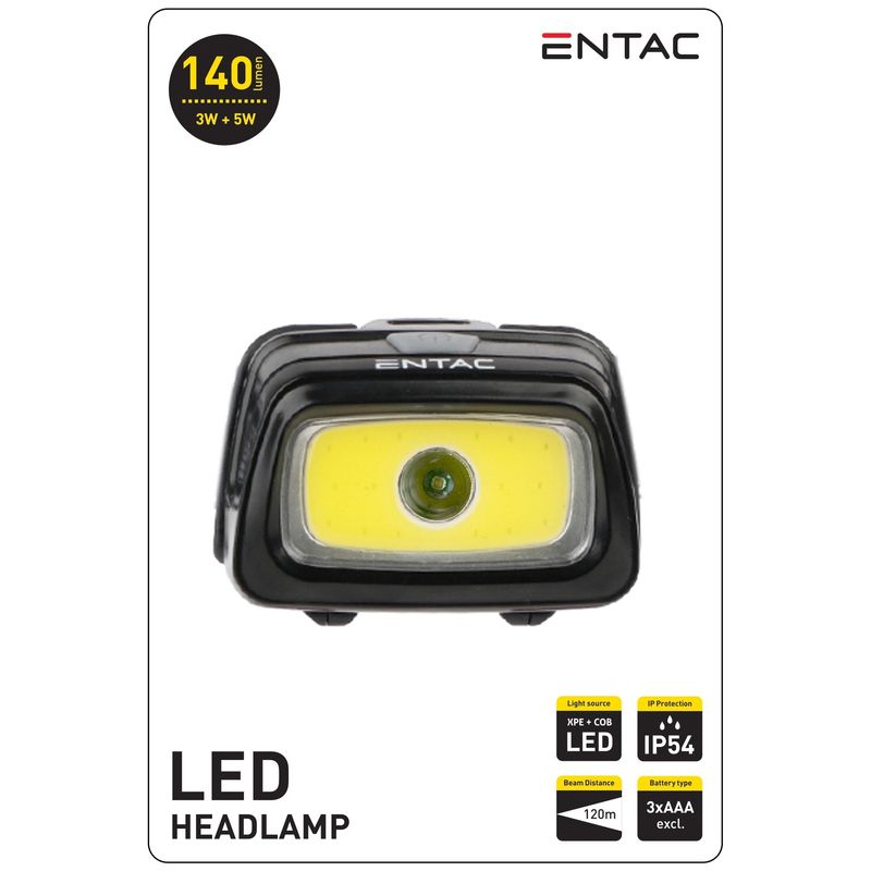 Žibintas ant galvos ENTAC, IP54, 3W, 100 + 140 lm, elementai 3xAAA (neįeina), juodos spalvos-0