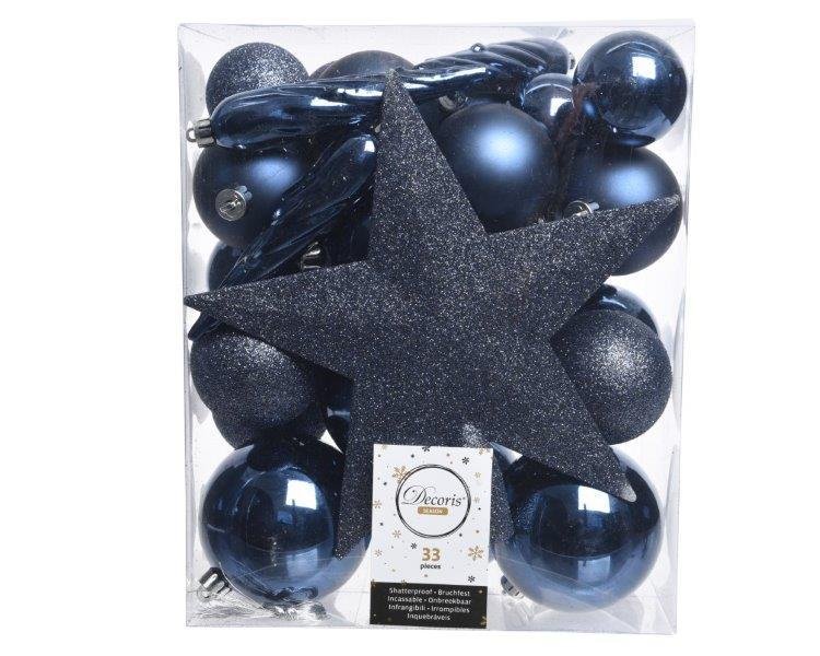Kalėdinių eglės žaisliukų rinkinys STAR,  su eglės viršūne, mėlynos sp., 33 vnt.