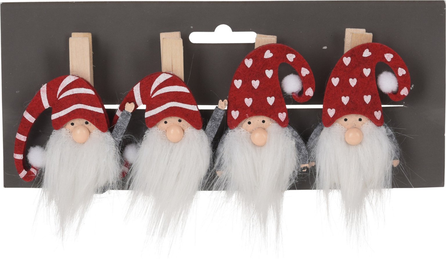 Įsegama kalėdinė dekoracija GNOME, raudonos/baltos sp., 7 cm, 4 vnt.